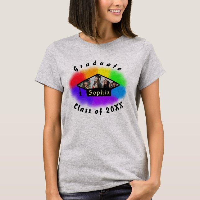 Multi Photos Graduation Cap Rainbow background T-Shirt (Front)