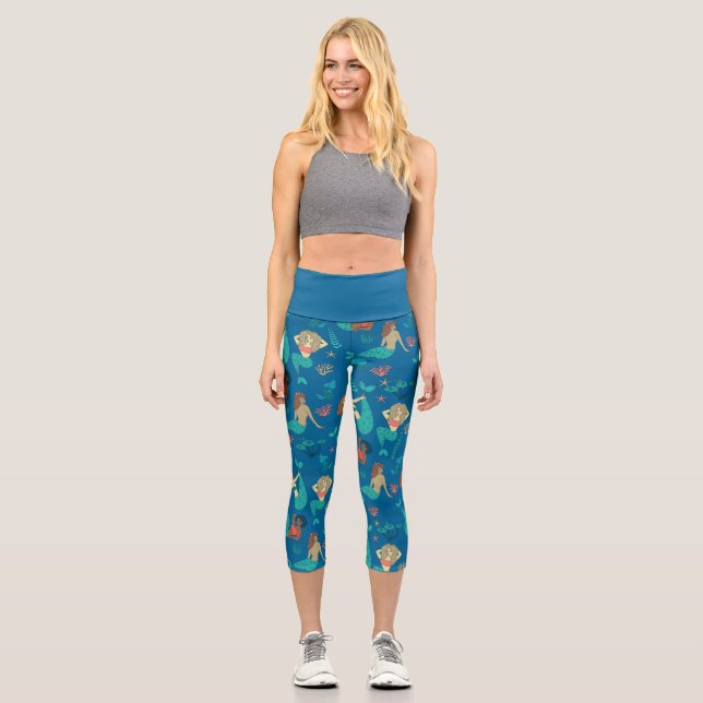 multi racial mermaids pattern print capri leggings (Front)