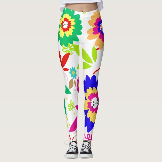 multi rainbow coloured flower and leaves design leggings (Front)