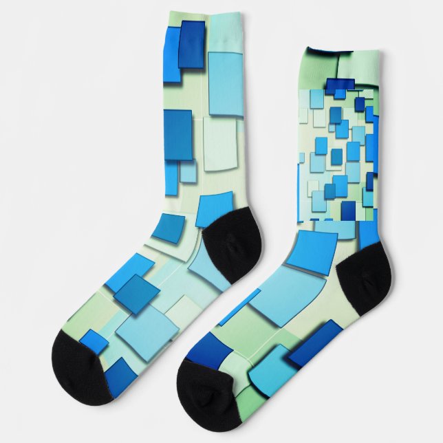 Multi Shades of Blue Square Geometric Design Socks (Left)