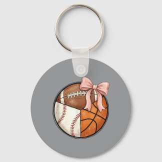 Multi Sport Ball Pink Bow Baseball Football Key Ring