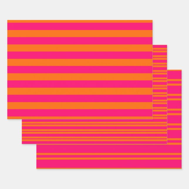 Multi Stripe Patterns DIY Colours Orang Rasp Pink Wrapping Paper Sheet (Set)