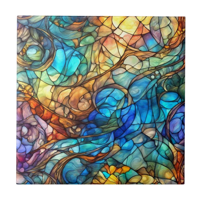 Multicolor Abstract 77 Stained Glass style Ceramic Tile (Front)