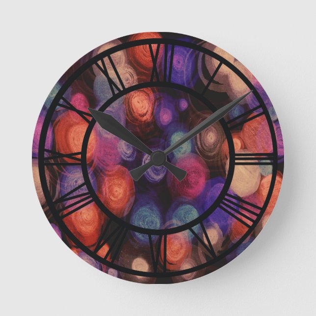 Multicolor Abstract Geometric Modern Circles Black Round Clock (Front)