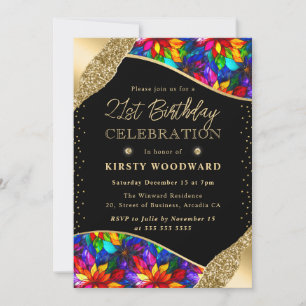 Multicolor and Gold Stained Glass 21st Birthday Invitation