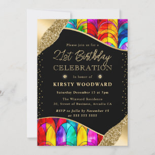 Multicolor and Gold Stained Glass 21st Birthday Invitation