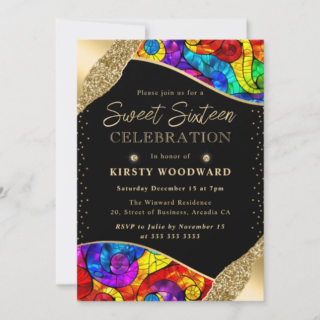 Multicolor and Gold Stained Glass Sweet Sixteen Invitation (Front)