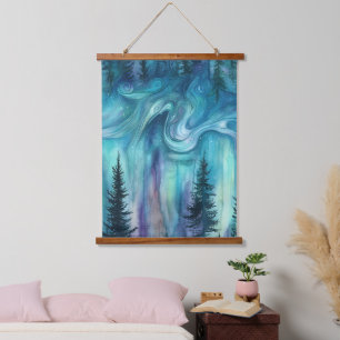 Multicolor Aurora Lights Over Dark Pine Trees Hanging Tapestry