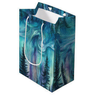 Multicolor Aurora Lights Over Dark Pine Trees Medium Gift Bag