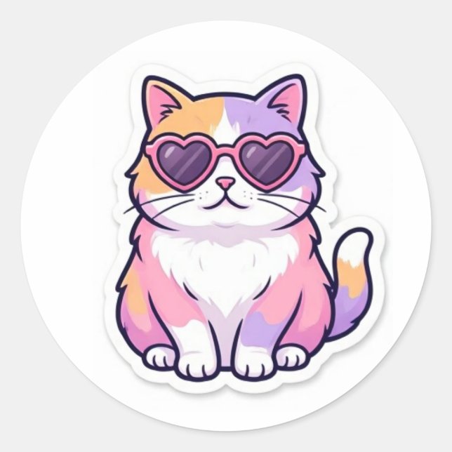 Multicolor Cat With Heart Sunglasses Sticker (Front)