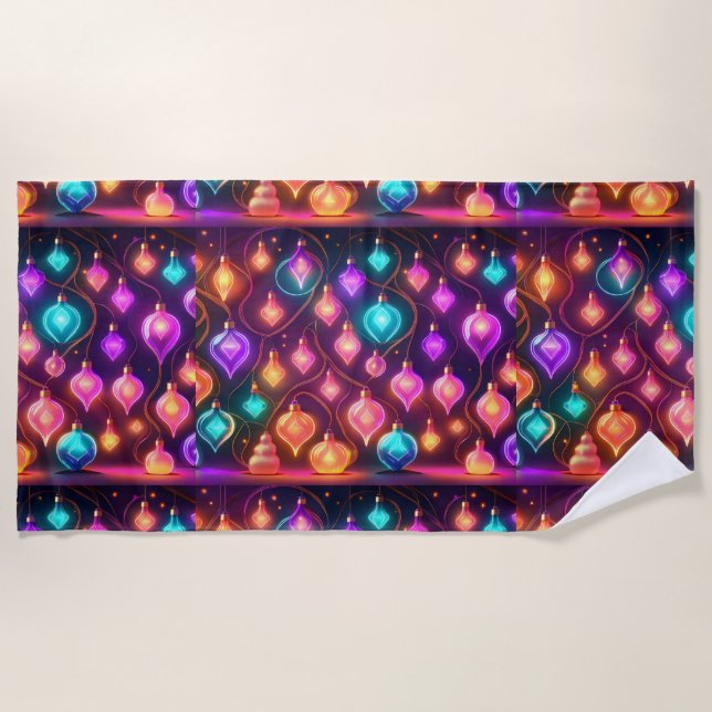 Multicolor Christmas Lights Patterned Beach Towel (Front)