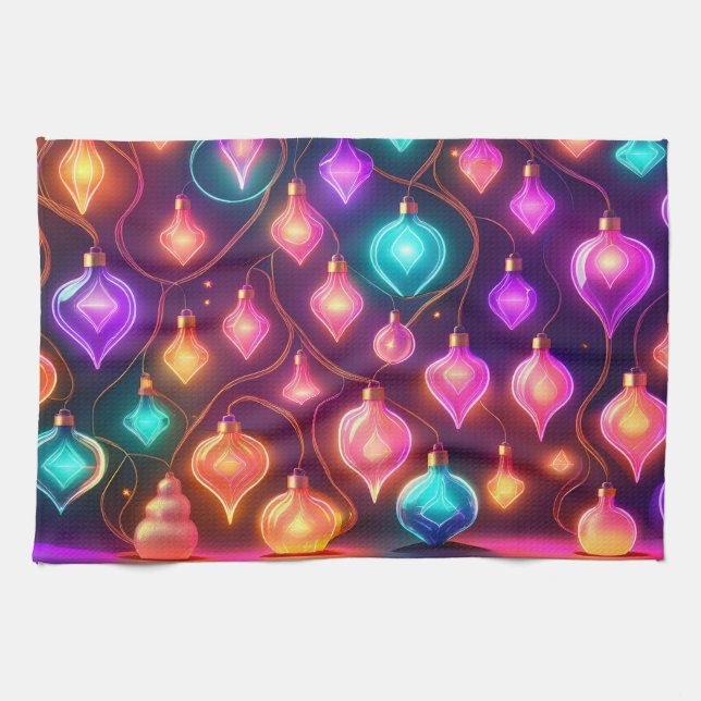 Multicolor Christmas Lights Patterned Tea Towel (Horizontal)