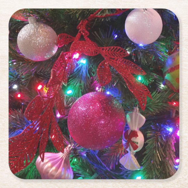 Multicolor Christmas Tree Colourful Holiday Square Paper Coaster (Front)