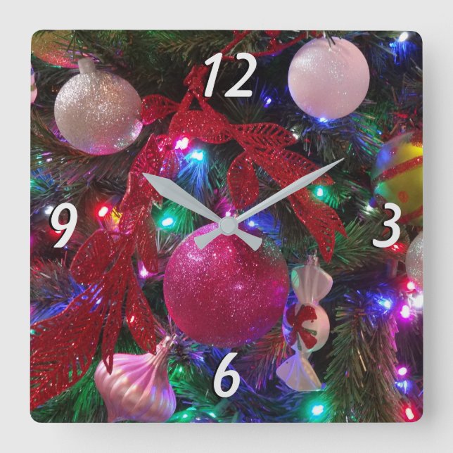 Multicolor Christmas Tree Colourful Holiday Square Wall Clock (Front)