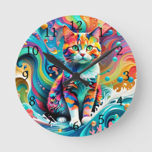 Multicolor Colourful Cat 759 Water Wave Round Clock