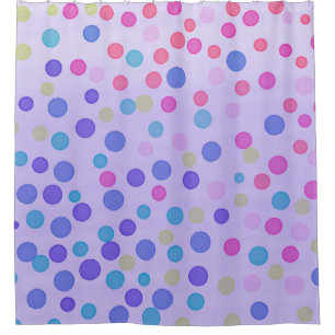 Multicolor confetti dots on purple shower curtain