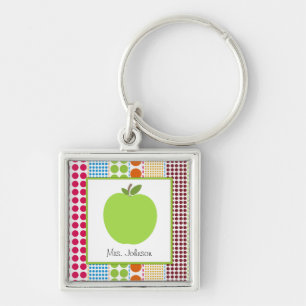 Multicolor Dots Green Apple Personalised Teacher Key Ring