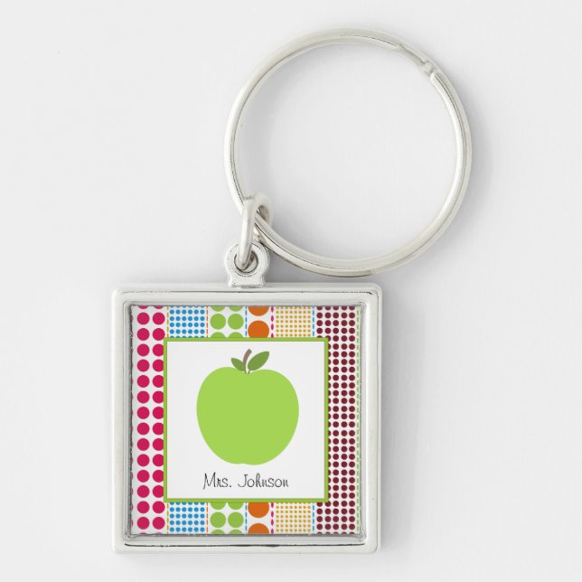 Multicolor Dots Green Apple Personalised Teacher Key Ring (Front)
