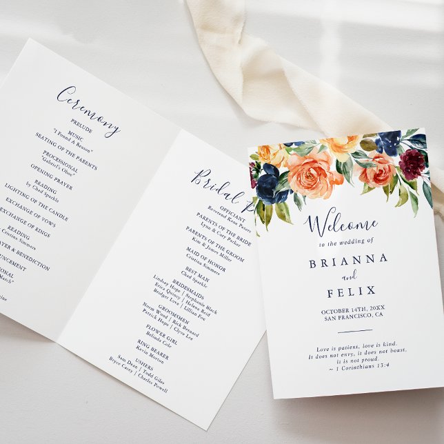 Multicolor Elegant Floral Folded Wedding Program (Creator Uploaded)