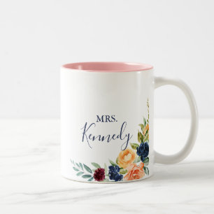 Multicolor Elegant Floral Mrs Newlywed Bride  Two-Tone Coffee Mug