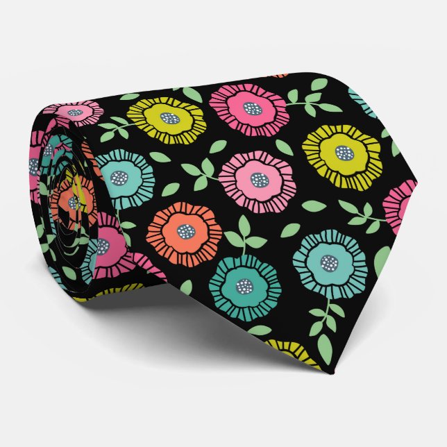 Multicolor floral pattern Black background Tie (Rolled)