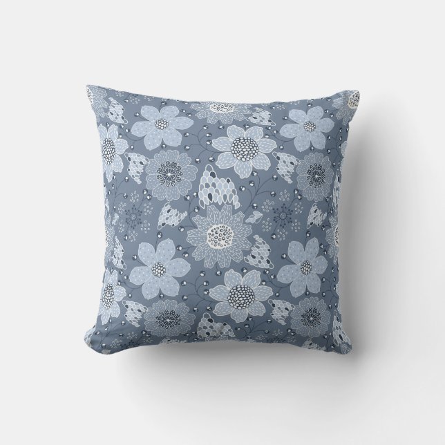 Multicolor flower pattern blue background cushion (Front)