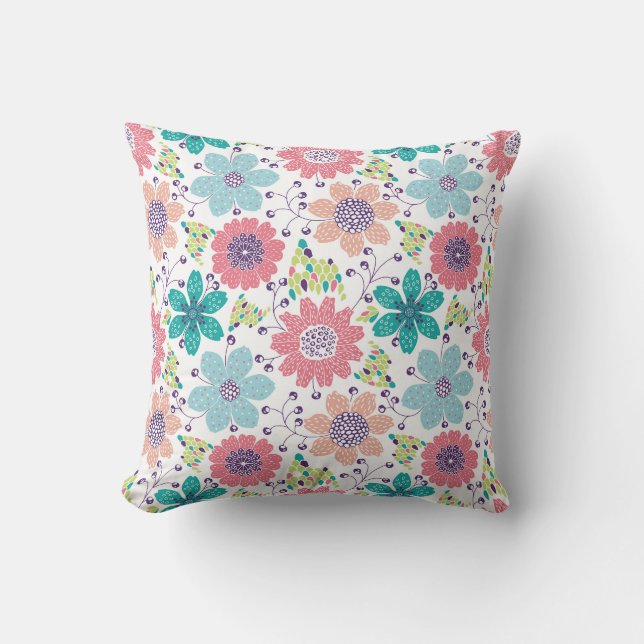 Multicolor flower pattern white background cushion (Front)