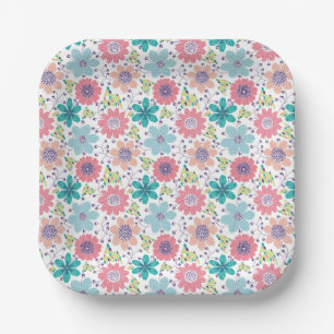 Multicolor flower pattern white background paper plate
