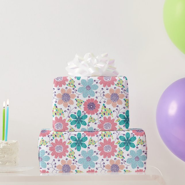 Multicolor flower pattern white background wrapping paper (Party Gifts)