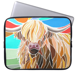 Multicolor funny highland cow laptop sleeve