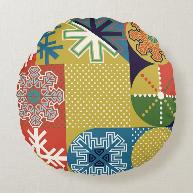 Multicolor Geometric: Local Snowflake Background Round Cushion (Front)