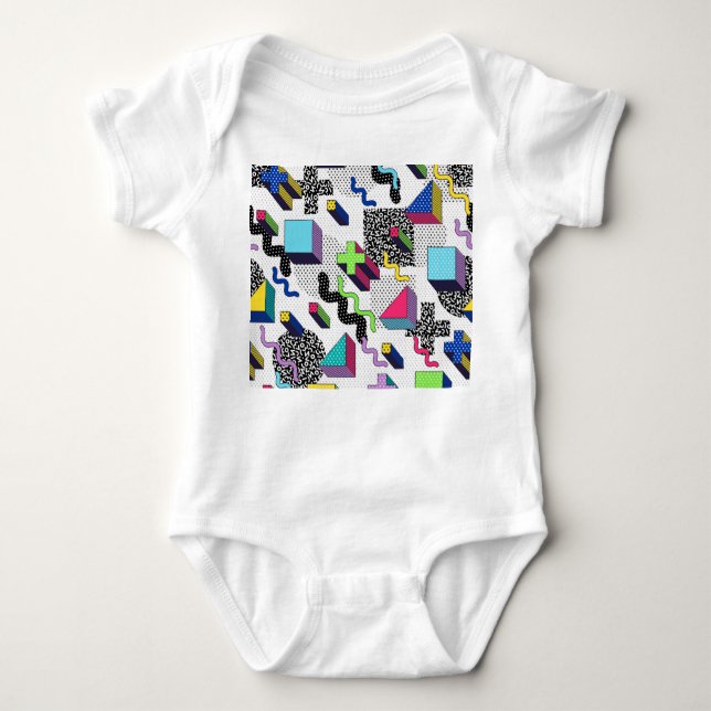 Multicolor geometric shapes, retro pattern. baby bodysuit (Front)