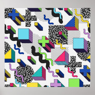 Multicolor geometric shapes, retro pattern. poster