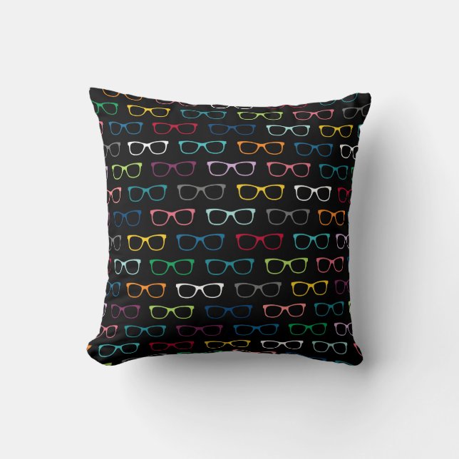 Multicolor HIpster Glasses Pattern Black Cushion (Front)