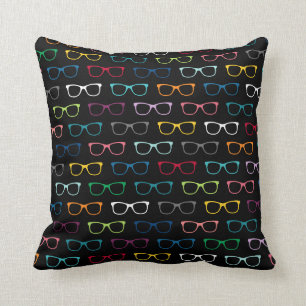 Multicolor HIpster Glasses Pattern Black Cushion