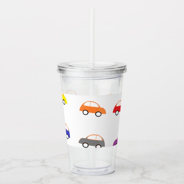 Multicolor mini cars on white acrylic tumbler (Front)