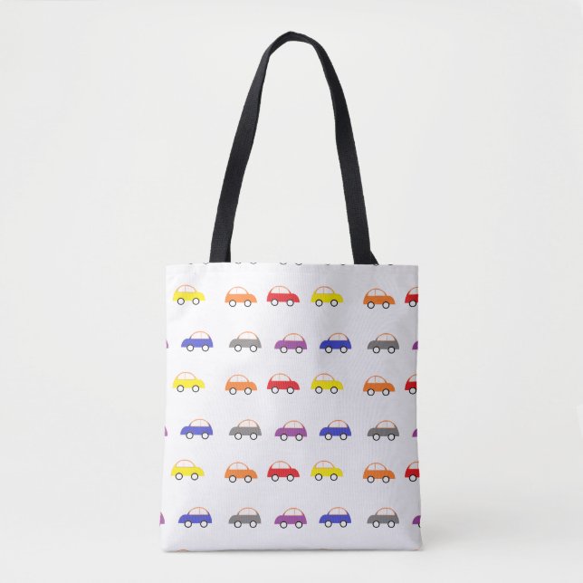 Multicolor mini cars on white tote bag (Front)