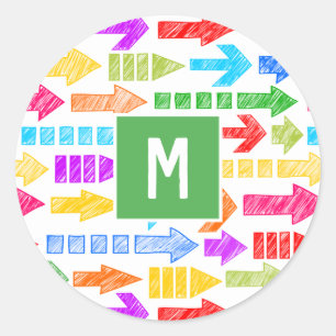 Multicolor Modern Geometric Arrow Pattern Monogram Classic Round Sticker