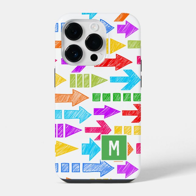 Multicolor Modern Geometric Arrow Pattern Monogram iPhone Case (Back)