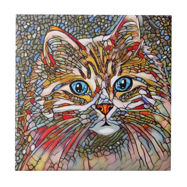 Multicolor Mosaic Style Cat 699 digital art Ceramic Tile (Front)