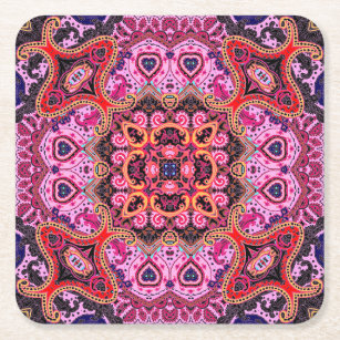 Multicolor paisley, scarf print design square paper coaster
