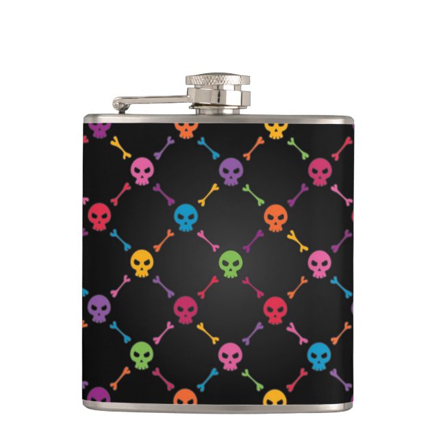 Multicolor pattern with skulls hip flask (Front)