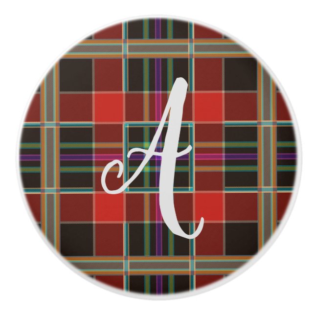 Multicolor Plaid (Tartan) Monogram, Name Custom Ceramic Knob (Front)