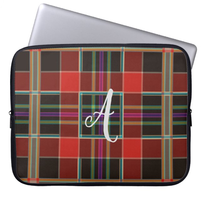 Multicolor Plaid (Tartan) Monogram, Name Custom Laptop Sleeve (Front)