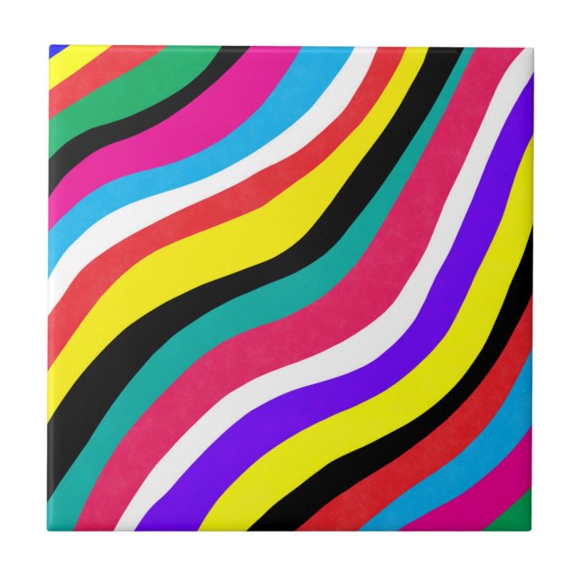 Multicolor Psychedelic Wavy Stripes Ceramic Tile (Front)