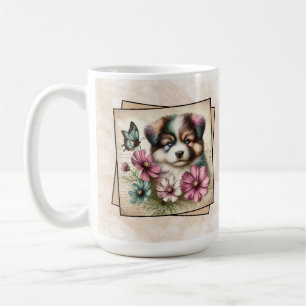 Multicolor Pup with Cosmos Flowers & Butterfly Coffee Mug