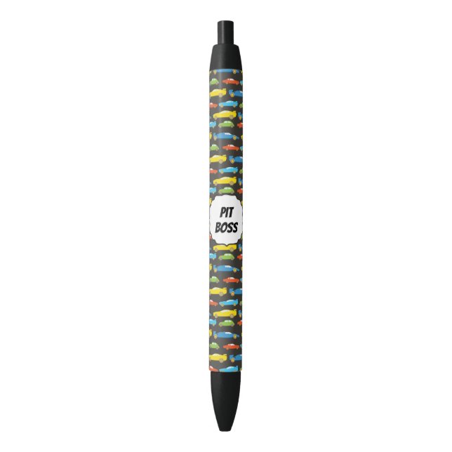 Multicolor Race Cars on Black Personalised Ink Pen (Front Vertical)