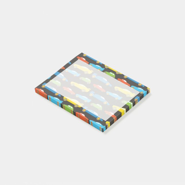 Multicolor Race Cars on Black Post-it Notes (Angled)