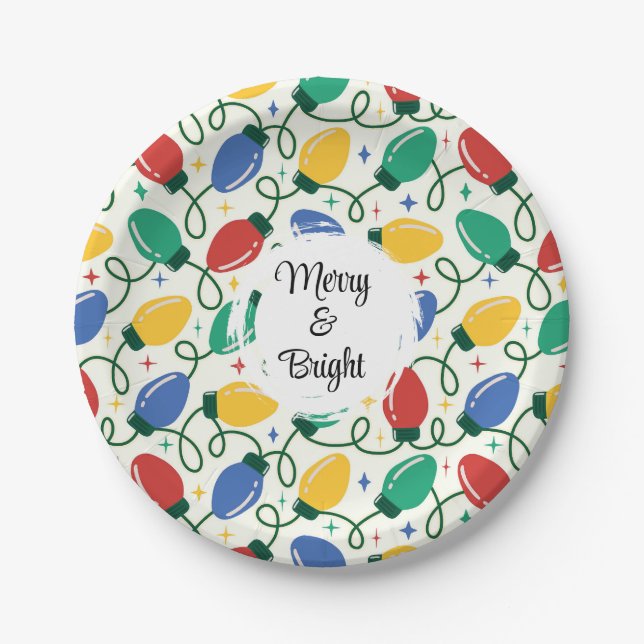 Multicolor Retro Christmas Lights Abstract Pattern Paper Plate (Front)