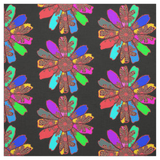 Multicolor Retro Floral on Black Bold Design Fabric